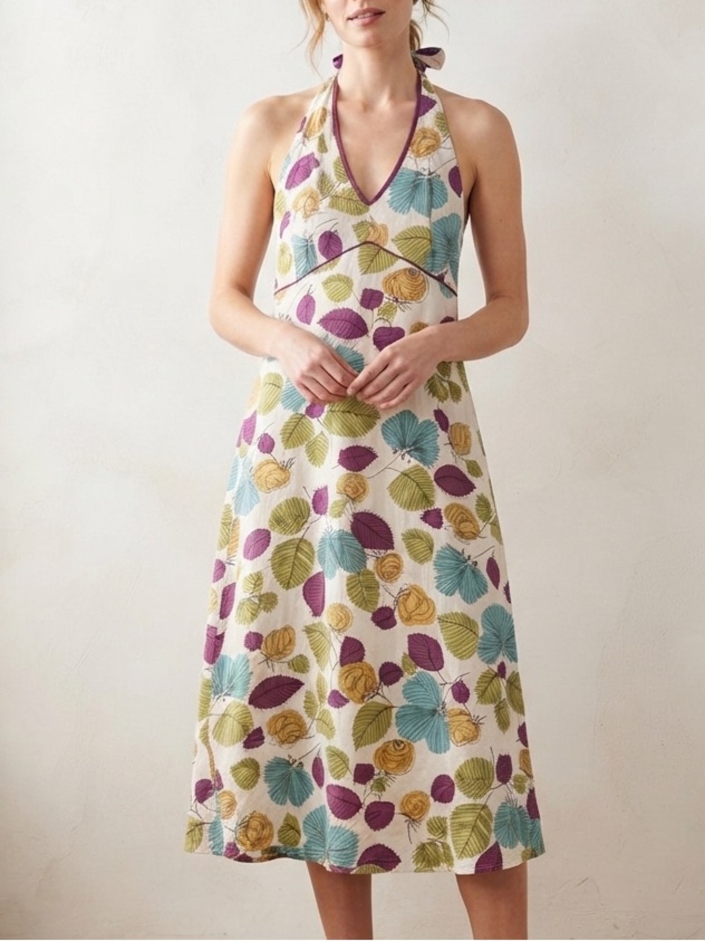 Y2K Boden Cotton Summer Leaf Print Sundress Halter Midi Dress Size 14 Large